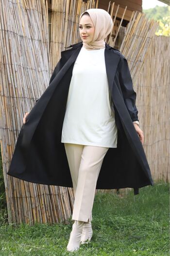 MY QILAM Number 10 Fashion Women's Waist-Tied Black Balloon Sleeve Trench Standard Size (between 38/44)