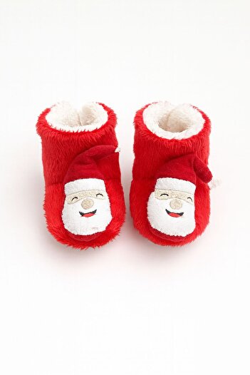 minissa baby kids Kırmızı Ev Botu-Panduf Kaymaz Taban Peluş Noel Baba Kafalı Unisex