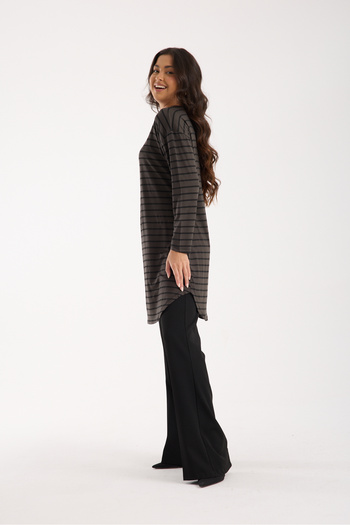 MODA VUSLAT Women's Khaki Green Striped Long Sleeve Tunic