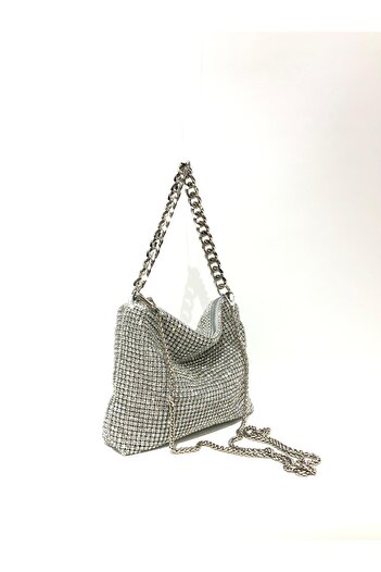 womenacs Silver Colored Small Size Diamond Stone Evening Dress Clutch with Chain Strap Handheld Wedding Engagement Evening Bag
