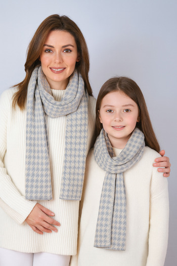 Sebir Moda Houndstooth Patterned Double-Sided Mother-Daughter Set Scarf (40X180Cm and 30X140Cm)