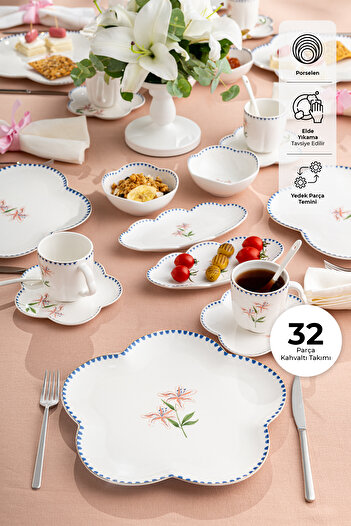 Emsan Lilium Porcelain 32 Piece Breakfast / Service Set for 6 Persons