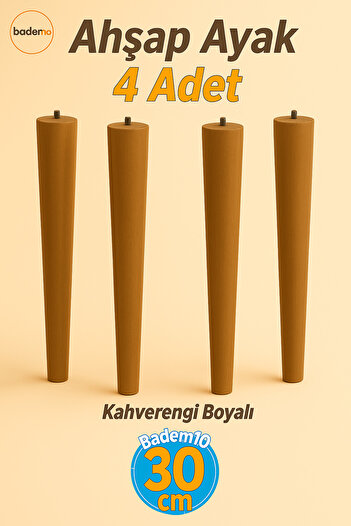 Badem10 30 cm 4-Piece (with Connection Apparatus) Brown Painted Natural Wooden Cylinder Coffee Table Pouf Leg Feet