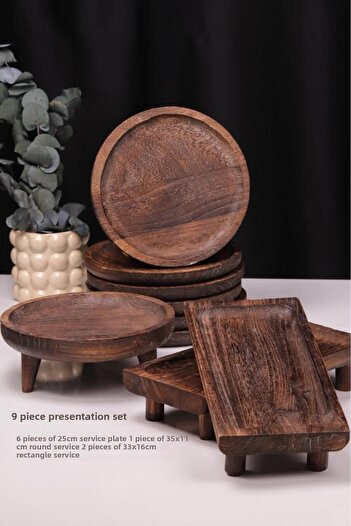 Bambum 9 Piece Pavlonya Shadow Wooden Presentation Set – Round and Rectangular Footed Serving Plates