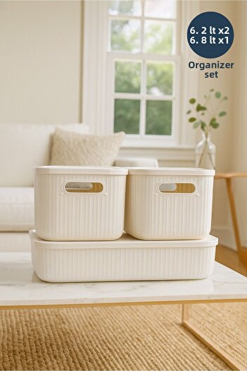 HOMİNG Homing Ecru Cream 3-Piece Organizer Set with Lid 2X6.2Lt and 1X6.8Lt