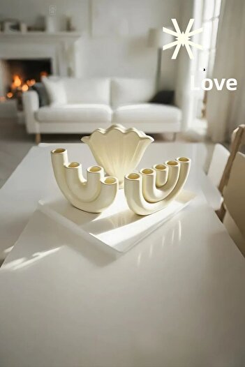 SEVMİNE ✨ Cream Aura 3-Piece Vase & Candle Holder Set - Scandinavian Bohemian Cream Desktop Decoration Set