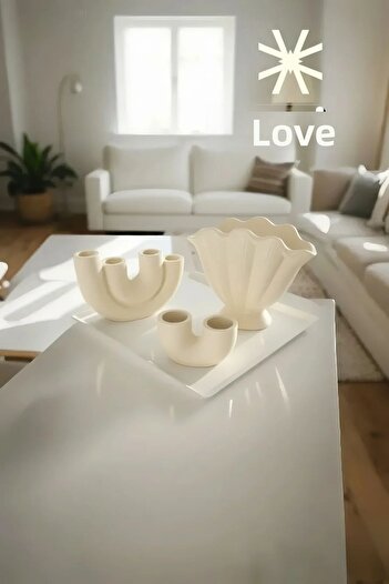 SEVMİNE ✨   Cream Calm 3-Piece Scandinavian Vase & Candle Holder Set – Bohemian Cream Desktop Decoration Set