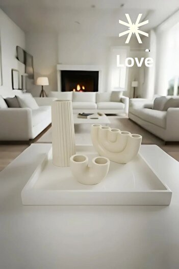 SEVMİNE ✨   Cream Lines 3-Piece Striped Vase & Candle Holder Set – Nordic Bohemian Cream Desktop Set