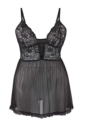 Trendyol Curve Μαύρη δαντέλα μεγάλου μεγέθους Babydoll TBBSS25DH00001
