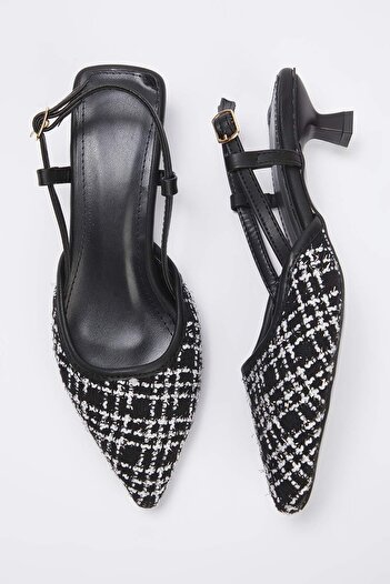 TRENDYOL SHOES Black Tweed Open Back Women's Kitten Heel Shoes Takaw25To00039