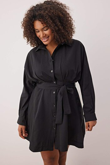 Trendyol Curve Black Mini Woven Plus Size Shirt Dress Tbbaw26Ah00046