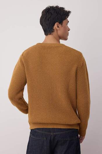 Trendyol Collection Πλεκτό πουλόβερ με μάλλινη ανάγλυφη λαιμόκοψη Camel Color Crew - TMNAW23KZ00028