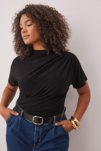 Trendyol Curve Μπλούζα Μαύρη Αμμώδης Πλεκτή Plus Size