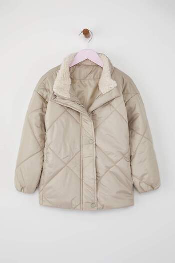 TRENDYOLKIDS Stone Plain/Basic Stand Collar Thick Quilted Regular Girls' Coat Tkdaw26Mo00011