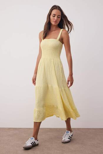 Trendyol Collection Yellow Textured Thick Strap A-Line/A-Line Open Hem Ruffle Midi Stretchy Straight Knitted Dress Twoss25El00912