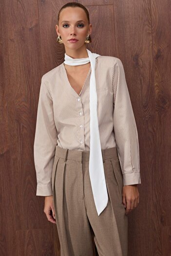 Trendyol Collection Special Collection Beige Striped Shawl Collar Detailed Shirt Twoaw26Go00034