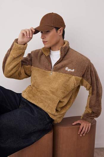Trendyol Collection Φούτερ UniSex Camel OverSize Plush - Color Block, ζεστό TMNAW22SW1477