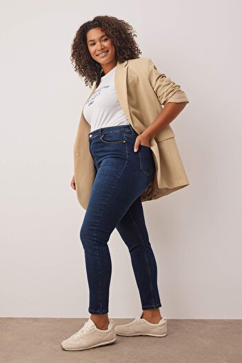 Trendyol Curve Sötétkék magas derekú sztreccs Skinny farmer TBBAW23JE00000