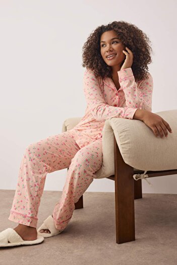 Trendyol Curve Pink 100% Cotton Floral Piping Knitted Pajamas Set Tbbaw26Ai00007