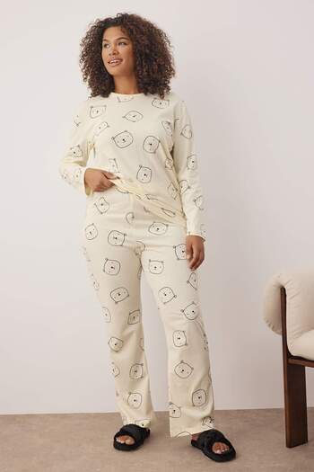 Trendyol Curve Ecru 100% Cotton Teddy Bear Knitted Pajama Set Tbbaw26Ai00012
