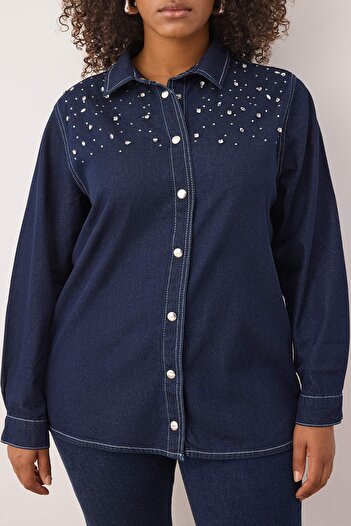 Trendyol Curve Cămașă din denim de mărime mare cu piatră albastru închis TBBAW25AX00002
