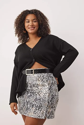 Trendyol Curve Multicolor Snakeskin Print High Waist Slit Mini Knitted Plus Size Skirt Tbbaw26Az00004