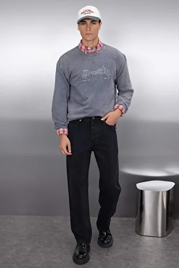 Trendyol Collection Φούτερ Anthracite Oversize/Wide Cut Crew Neck Letter Κέντημα με ξεθωριασμένο εφέ TMNAW25SW00055