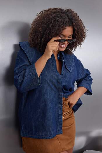 Trendyol Curve Cămașă din denim albastru închis mărime mare TBBAW26AX00007