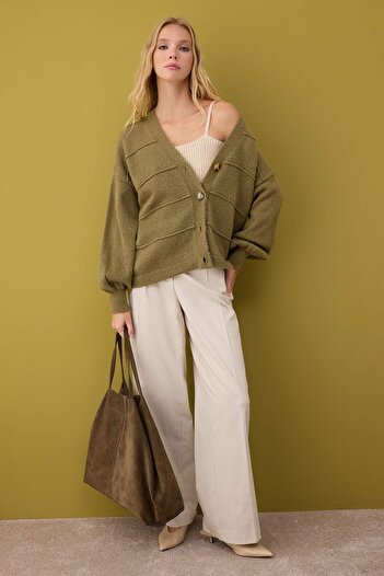 Trendyol Collection Khaki Soft Textured Wide Fit Knitwear Cardigan Twoaw26Hi00206