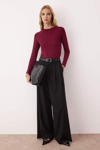 Trendyol Collection Burgundy Button Detailed Stand Collar Fitted/Slim Fit Knitted Blouse Twoaw26Bz00030