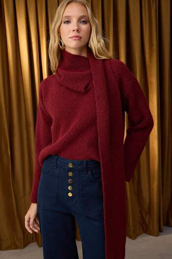 Trendyol Collection Special Collection Burgundy Wool Blended Beard Yarn Shawl Collar Detailed Knitwear Sweater Twoaw26Kz00008