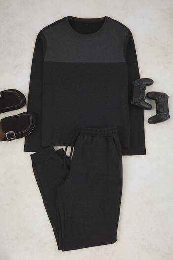 Trendyol Collection Anthrazit Melange Regular Fit Farbblock gestricktes Pyjama-Set TMNAW26PT00001