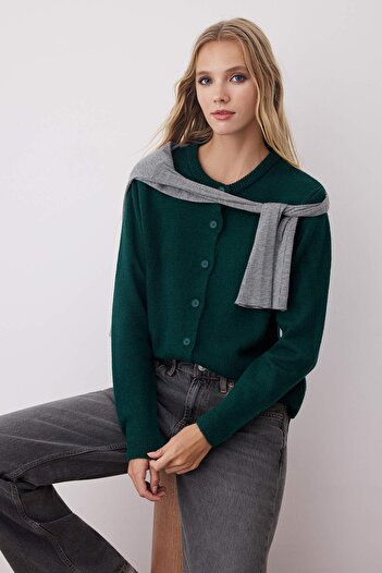 Trendyol Collection More Sustainable Emerald Green Soft Textured Basic Knit Cardigan Twoaw26Hi00147