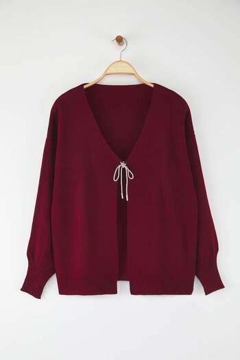 Trendyol Curve Burgundy Bow/Ribbon Detailed Knitwear Cardigan Tbbaw26Av00011