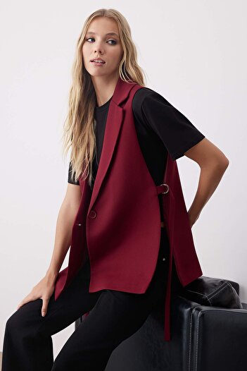 Trendyol Collection Burgundy Oversize Accessory Side Tie Detail Single Button Lined Woven Vest Twoaw23Ye00032