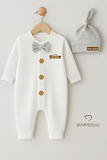 BABYDEN'S Little Boss Baby Boy Buttoned Jumpsuit and Beanie Set – Bow Tie, Cuffed Legs, 100% Cotton Baby Jumpsuit