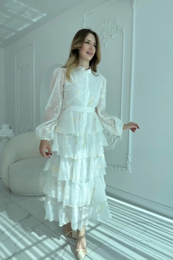 HELİS BUTİK Embroidered Carolin Fabric Flounced Layered Ecru Belted Dress