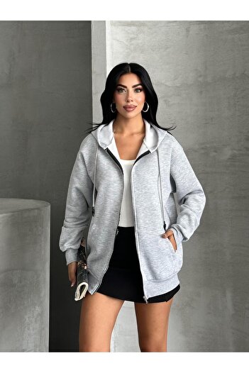 FERZOLAİO Zippered Hooded Oversize Melange Cardigan