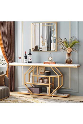 Tribesigns Masă consolă, finisaj marmurat, auriu+alb, lux modern, 180*30*87 cm