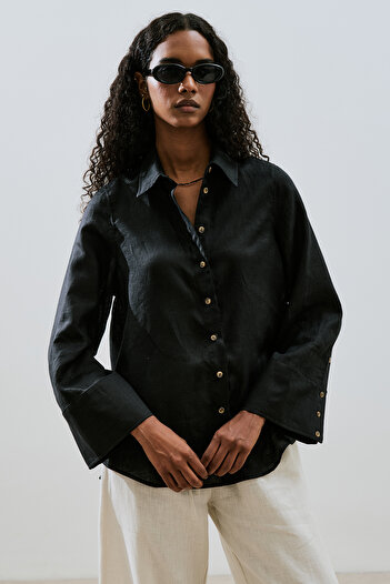 Manuka Linen Shirt with Wide Cuffs Black