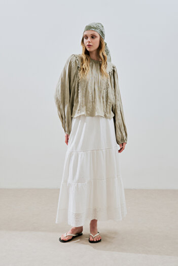 Manuka Linen Crush Effected Bluz Green
