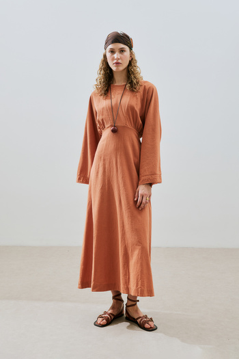 Manuka Textured Striped Detailed Dress Cinnamon