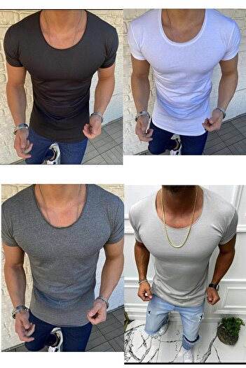 BYBÜLENT Tricou bărbați cu guler oval Tricou cu guler deschis Lycra Slim Fit Alb Vr013