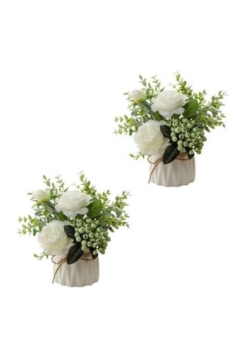 TrioStore Set de 2 buchete de trandafiri artificiali în ghivece ceramice, ceramică/plastic, 20x20 cm, alb