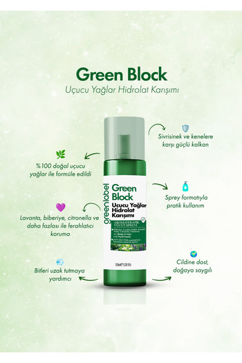 Greenlabel %100 Doğal Uçucu Yağlar ile Hazırlanan Sivrisinek ve Kene, Bit Kovucu Saç ve Vücut Spreyi 100ML