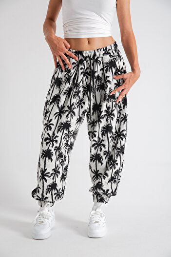SUPERBLUE Women's Palm Patterned Pleated Baggy Trousers