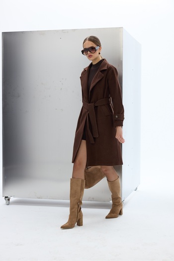 SevdeUgur Belted Sleeve Buttoned Brown Stamp Coat / Sevde Ugur