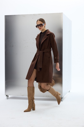 SevdeUgur Belted Sleeve Buttoned Brown Stamp Coat / Sevde Ugur
