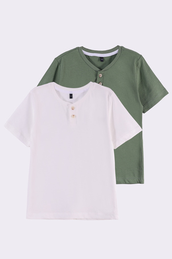 Pollito Boys' Button Collar Short Sleeve T-Shirt Set of 2 Khaki-White