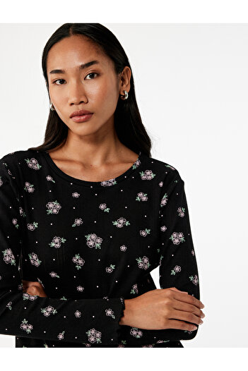 Koton Cotton Long Sleeve Round Neck Floral Pajama Top